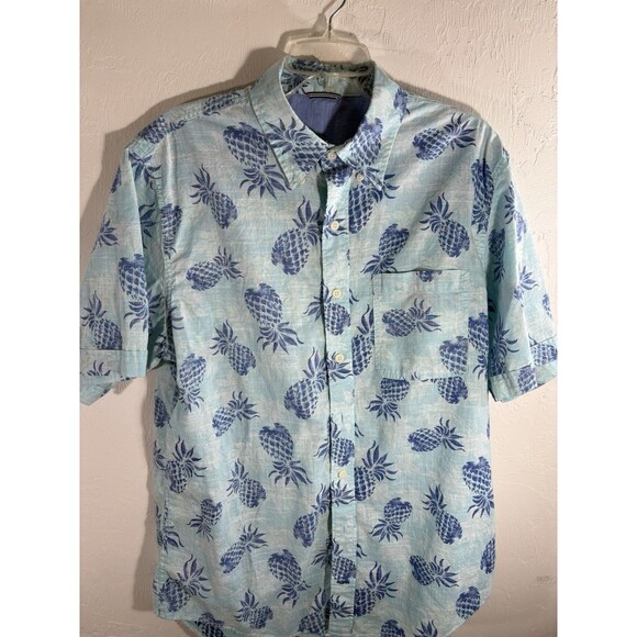 Izod Saltwater Blue Pineapple Tropical Print Casual Men Large 100% Cotton Shirt - Picture 3 of 7